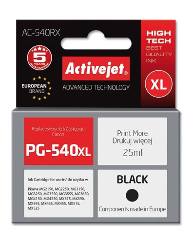 Tusz Activejet AC-540RX (zamiennik Canon PG-540XL; Premium; 25 ml; 700 stron, czarny) - 801634