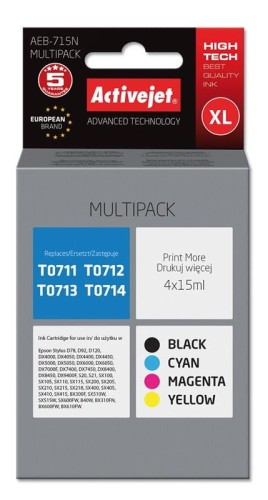 Tusz Activejet AEB-715N (zamiennik Epson T0715; Supreme; 4 x 15 ml; czarny, czerwony, niebieski, żółty) - 801749