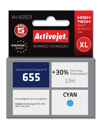 Tusz Activejet AH-655CR (zamiennik HP 655 CZ110AE; Premium; 12 ml; niebieski) - 1130357