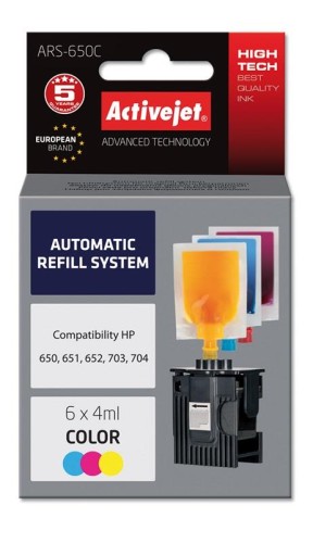 System uzupełnień Activejet ARS-650Col (zamiennik HP703, HP704, HP650, HP651, HP652 ; 6 x 4 ml; czerwony, niebieski, żółty) - 801932