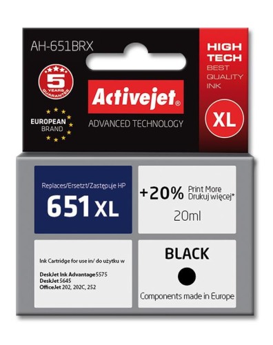 Tusz Activejet AH-651BRX (zamiennik HP 651 C2P10AE; Premium; 20 ml; czarny) - 848126