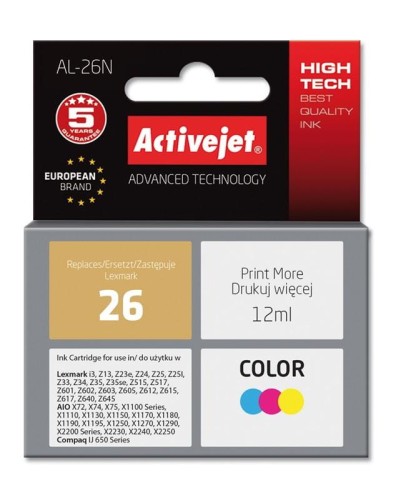 Tusz Activejet AL-26N (zamiennik Lexmark 26 10N0026; Supreme; 12 ml; kolor) - 802485
