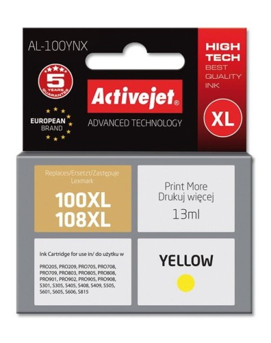 Tusz Activejet AL-100YNX (zamiennik Lexmark 100XL/108XL 14N1071E; Supreme; 13 ml; żółty) - 802478