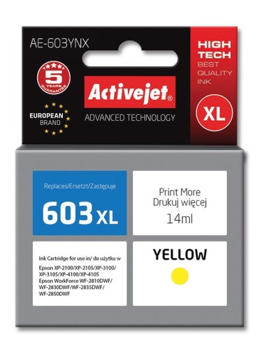 Tusz Activejet AE-603YNX (zamiennik Epson 603XL T03A44; Supreme; 14 ml; żółty) - 801829