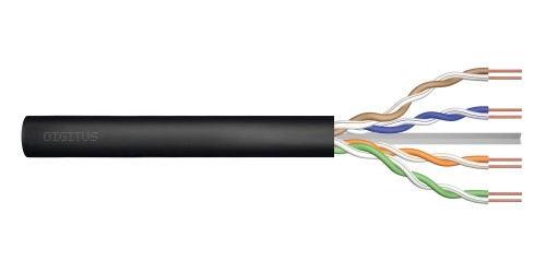Kabel teleinformatyczny instalacyjny zewnętrzny żelowany DIGITUS kat.6, U/UTP, Fca, drut, AWG 23/1, PE, 305m, czarny, szpula - 980958