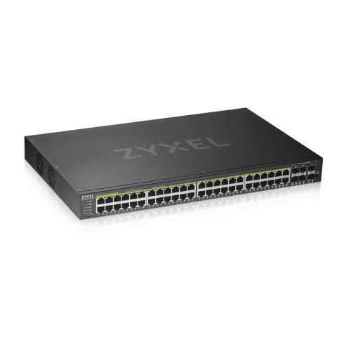 GS1920-48HPv2, 52 Port Smart Managed PoE Switch 48x Gigabit Copper PoE and 4x Gigabit dual pers., hybird mode, standalone or NebulaFlex Cloud, 375 Watt PoE - 744397