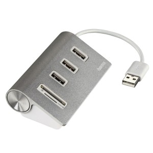 Hub USB 1:3 Hama USB 2.0 + czytnik kart Aluminiowy, srebrny