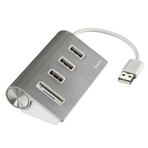 Hub USB 1:3 Hama USB 2.0 + czytnik kart Aluminiowy, srebrny - 965831