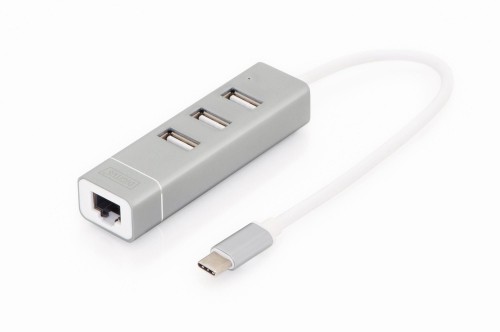 Hub/Koncentrator 3-portowy DIGITUS USB 2.0 HighSpeed Typ C z Fast Ethernet LAN adapter - 669466