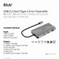 Hub Club3D CSV-1593 (USB 3.2 Gen1 Type-C 8-in-1 hub with 2x HDMI™, 2x USB-A, RJ45, SD/Micro SD card slots and USB Type-C female port) - 1065329