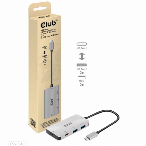 Hub Club3D CSV-1543 (USB Gen2 Type-C PD Charging to 2x Type-C 10G ports and 2x USB Type-A 10G ports Hub) - 1065460