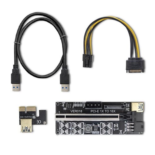 Karta rozszerzeń Riser Qoltec PCI-E 1x-16x | USB 3.0 | ver.018 | SATA/PCI-E 6pin - 974149