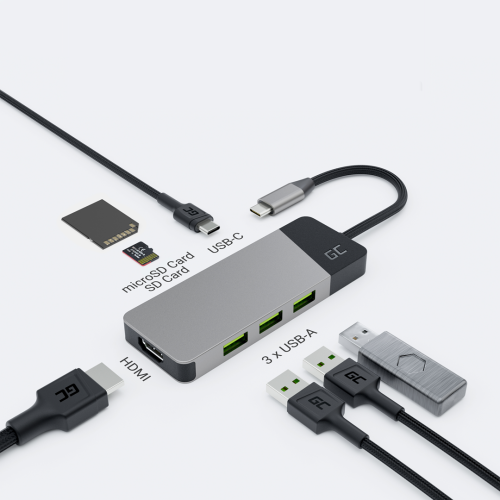 GREEN CELL HUB USB-C ADAPTER GC CONNECT 7W1 (3XUSB 3.1, HDMI 4K 60HZ, USB-C PD 85W, MICROSD/SD) - 1175613