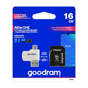 Karta pamięci z adapterem i czytnikiem kart GoodRam All in one M1A4-0160R12 (16GB; Class 10; Adapter, Czytnik kart MicroSDHC, Karta pamięci)