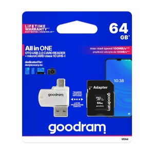 Karta pamięci z adapterem i czytnikiem kart GoodRam All in one M1A4-0640R12 (64GB; Class 10; Adapter, Czytnik kart MicroSDHC, Karta pamięci)