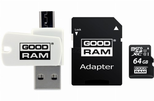 Karta pamięci z adapterem i czytnikiem kart GoodRam All in one M1A4-0640R12 (64GB; Class 10; Adapter, Czytnik kart MicroSDHC, Karta pamięci) - 1291072