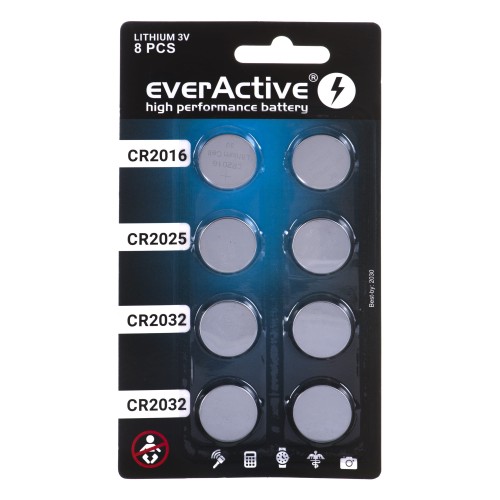 Zestaw baterii litowych everActive 8 sztuk: 4 x CR2032, 2 x CR2025, 2 x CR2016 - 1013713