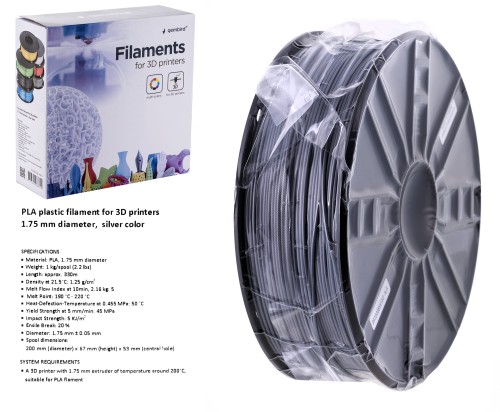 GEMBIRD FILAMENT PLA 1.75MM, 1KG, KOLOR SREBRNY - 1027766