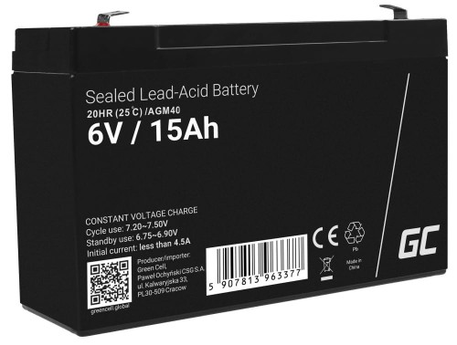 GREEN CELL AKUMULATOR ŻELOWY AGM40 6V 15AH - 1135683
