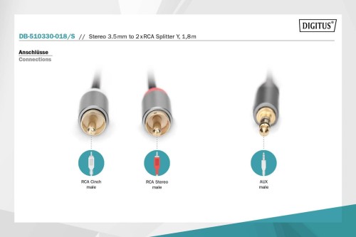 Kabel adapter audio DIGITUS PREMIUM MiniJack/Cinch Stereo Typ 3.5mm/2xRCA M/M nylon 1,8m - 1377178