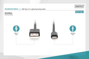 Kabel USB 2.0 DIGITUS spiralny USB A/Lightning, PD 20W, MFI, czarny, max. 1m