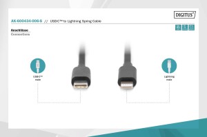Kabel USB 2.0 DIGITUS spiralny USB C/Lightning, PD 20W, MFI, czarny, max. 1m