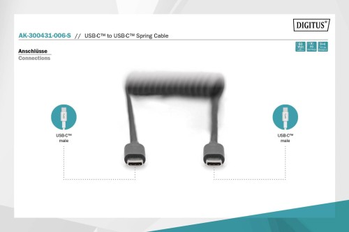 Kabel USB 2.0 DIGITUS spiralny USB C/USB C, PD 60W, czarny, max. 1m - 1377252