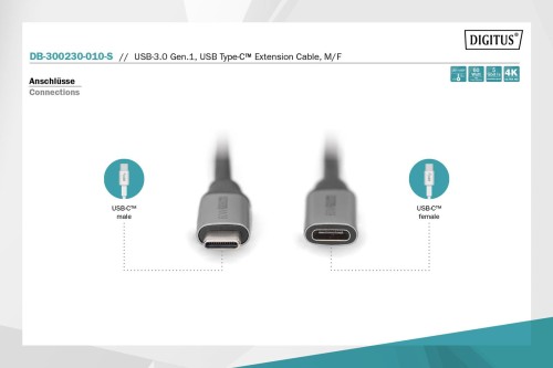 Kabel przedłużający USB 3.0 DIGITUS PREMIUM 60W/5Gbps Typ USB C/USB C Ż/M czarny 1m - 1377281