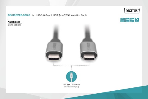 Kabel USB 3.0 DIGITUS PREMIUM 60W/5Gbps Typ USB C/USB C M/M czarny 0,5m - 1377287