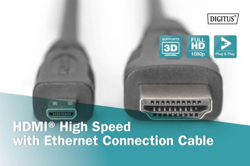 Kabel HDMI 1.4 DIGITUS High Speed Ethernet 1080p60Hz Micro HDMI D/HDMI A M/M czarny 1m - 1377369