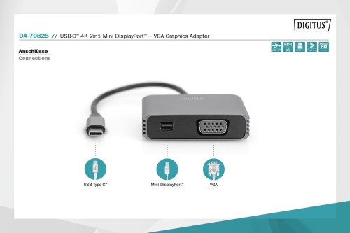 Kabel adapter graficzny DIGITUS USB Typ C na miniDisplayPort/VGA 4K 30Hz UHD 0,2m - 1377464