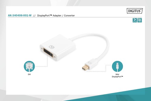 Kabel adapter DIGITUS mini DisplayPort 1080p 60Hz FHD Typ miniDP/DVI-I (24+5) M/Ż biały 0.15m - 1377525