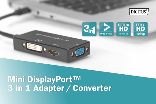 Kabel adapter DIGITUS 3w1 mini DisplayPort 4K 30Hz/1080p 60Hz miniDP/HDMI(UHD)+DVI-I+VGA(FHD) M/Ż 0,2m - 1377539