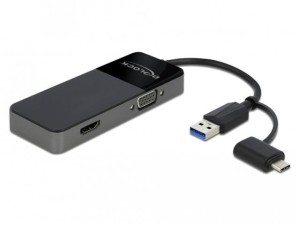 Kabel adapter Delock USB-A (M) + USB-C (M) - HDMI (F) + VGA (F) czarny 0,12m