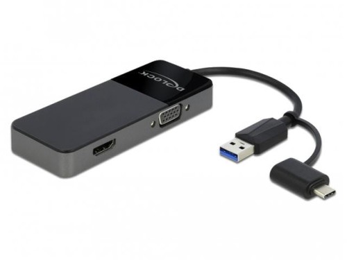 Kabel adapter Delock USB-A (M) + USB-C (M) - HDMI (F) + VGA (F) czarny 0,12m - 1377820