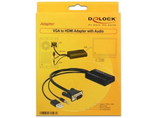 Kabel adapter Delock VGA (M) + zasilania USB + minijack 3.5mm (M) - HDMI (F) 0,25m czarny - 1377869