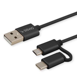 Kabel USB 2.0 Savio CL-128 USB A (M) - Micro USB B (M) / typ C (M) 2w1, 2,1A, 1m, czarny