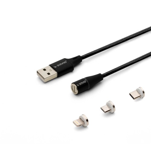 Kabel USB 2.0 SAVIO CL-152 USB – USB Typ C, Micro i Lightning, QC i PD 3.0, magnetyczny, 1m, czarny - 1330275
