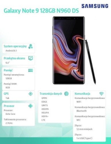Smartfon Samsung Galaxy Note9 Midnight Black 6,3" 128GB Dual Sim - 1400989
