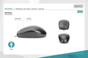 Mysz przewodowa DIGITUS optyczna 1200 DPI 3 przyciski czarna kabel 1.5m
