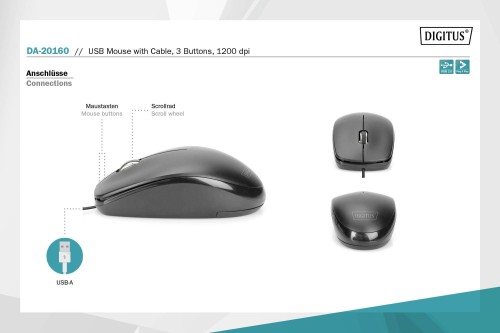Mysz przewodowa DIGITUS optyczna 1200 DPI 3 przyciski czarna kabel 1.5m - 1403800