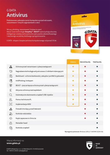 Oprogramowanie GDATA Antivirus 1PC 2lata karta-klucz - 1388888