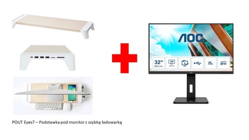 MONITOR AOC LED 32" U32P2CA+POUT Eyes7 podstawka pod monitor z szyb. ładowarką biała - 1319597