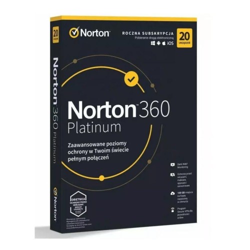 Oprogramowanie NORTON 360 PLATINUM 100GB PL 1 użytkownik 20 urządzeń - 1468863