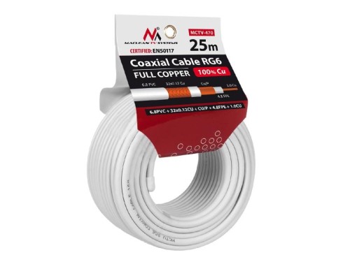 Kabel koncentryczny Maclean MCTV-470 satelitarny, antenowy RG6 25M 1.02CU+4.8FPE+CU/P+32*0.12CU+6.8PVC - 682743
