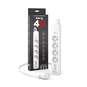 Urządzenie zasilające KERG z wyłącznikiem M02415 4-gniazdowy + 3x USB-A 5m 3×1,5mm2 H05VV-F 16A/250V biały