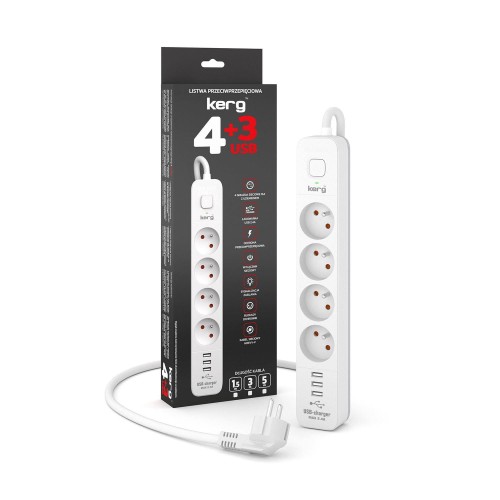 Urządzenie zasilające KERG z wyłącznikiem M02415 4-gniazdowy + 3x USB-A 5m 3×1,5mm2 H05VV-F 16A/250V biały - 1385409