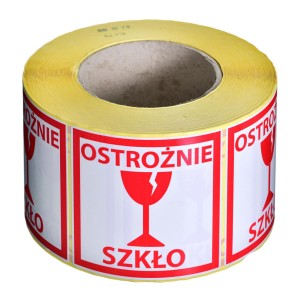 ETYKIETA SAMOPRZYLEPNA, NAKLEJKA O TREŚCI "OSTROŻNIE SZKŁO"  MOCNY KLEJ, 1000 szt., 80X80