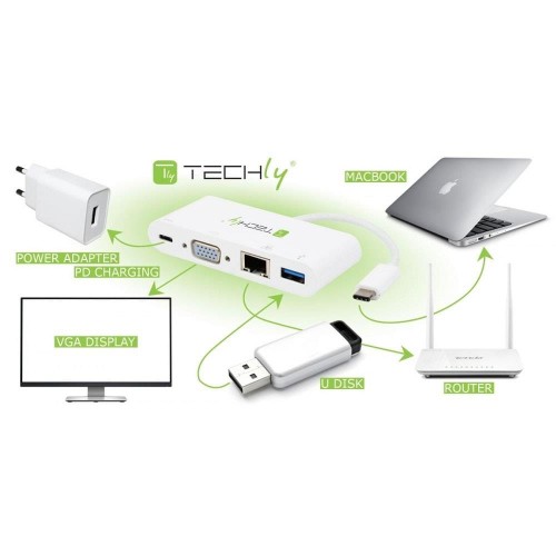 Kabel adapter Techly USB-C do VGA / Gigabit RJ45 / USB-A 3.0 / USB-C PD 0,14m biały - 1630080
