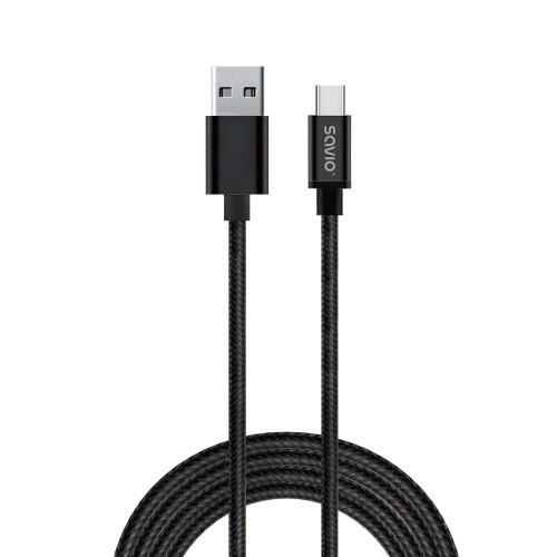 Kabel USB 2.0 Savio CL-129 USB A (M) - USB typ C (M) 2,1A, oplot, 2m , czarny - 1310006